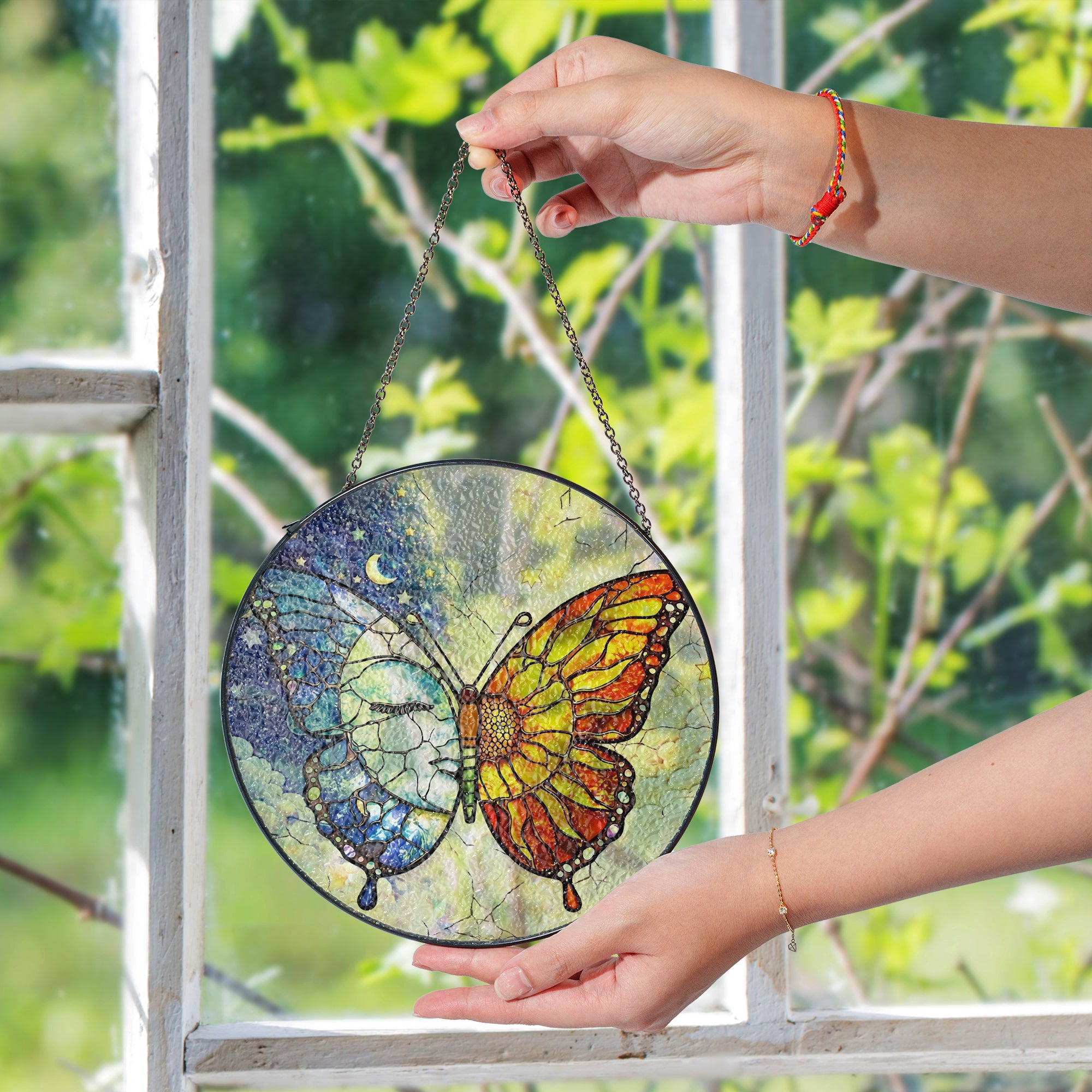 Butterfly Stained Glass Suncatcher with Sun and Moon Day Night Design