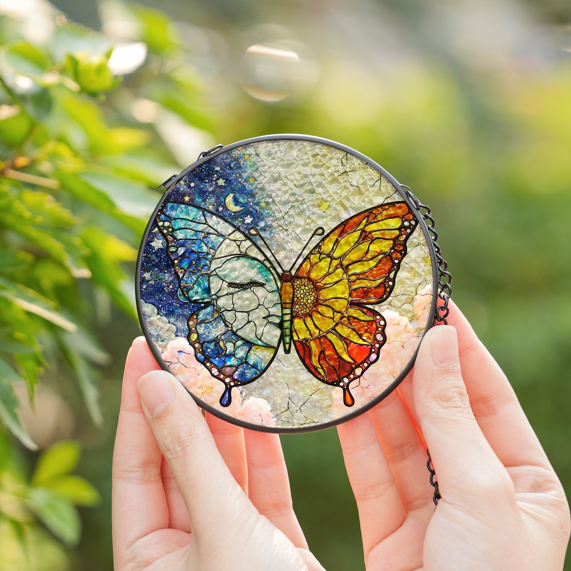 Butterfly Stained Glass Suncatcher with Sun and Moon Day Night Design