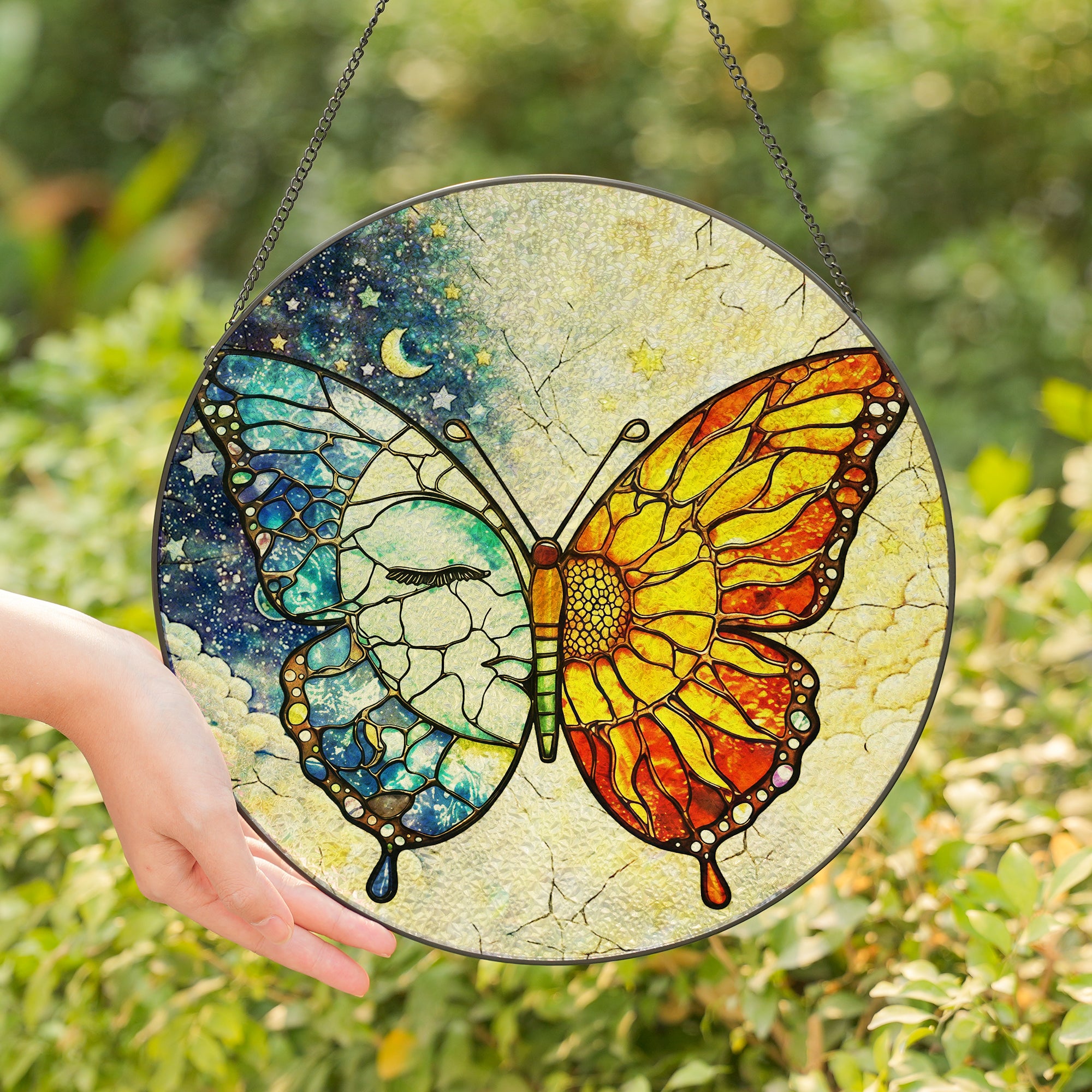 Butterfly Stained Glass Suncatcher with Sun and Moon Day Night Design