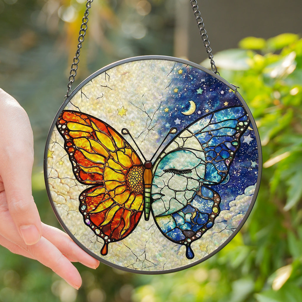 Butterfly Stained Glass Suncatcher with Sun and Moon Day Night Design