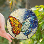Butterfly Stained Glass Suncatcher with Sun and Moon Day Night Design