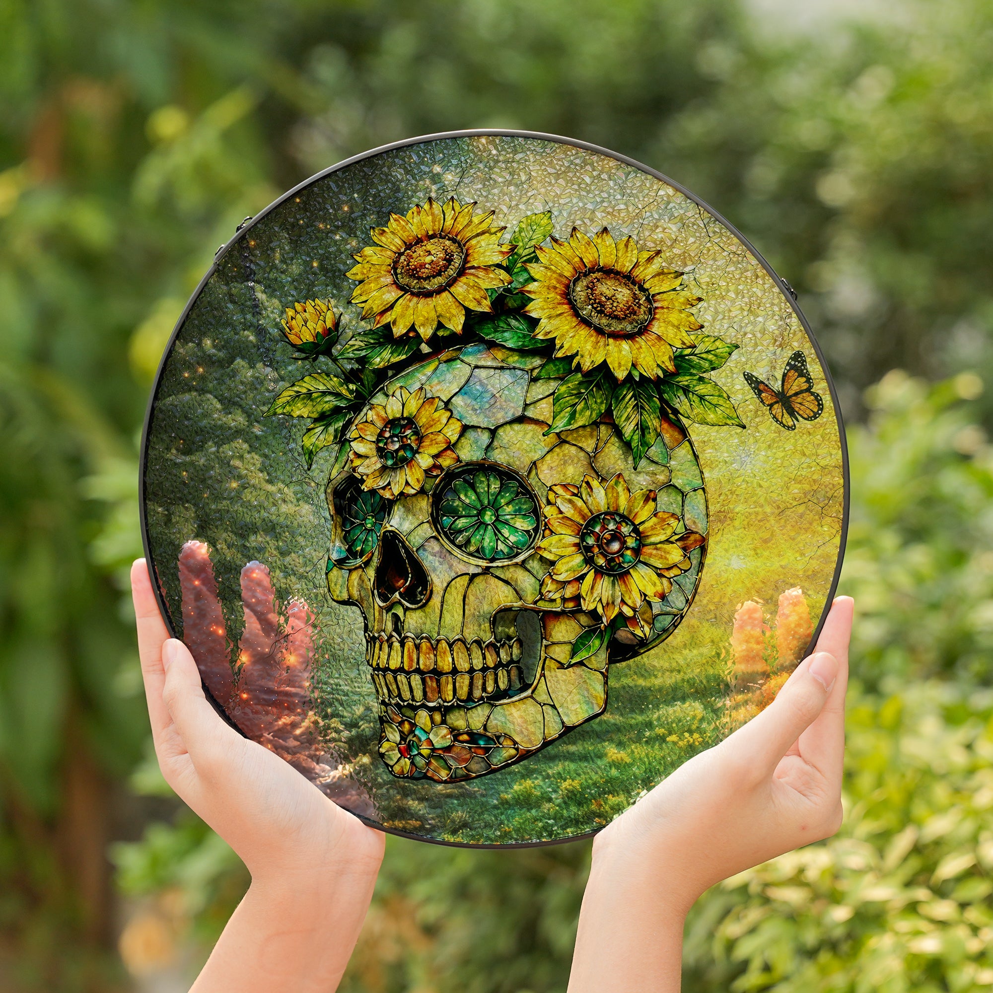 Sunflower Skull Stained Glass Suncatcher