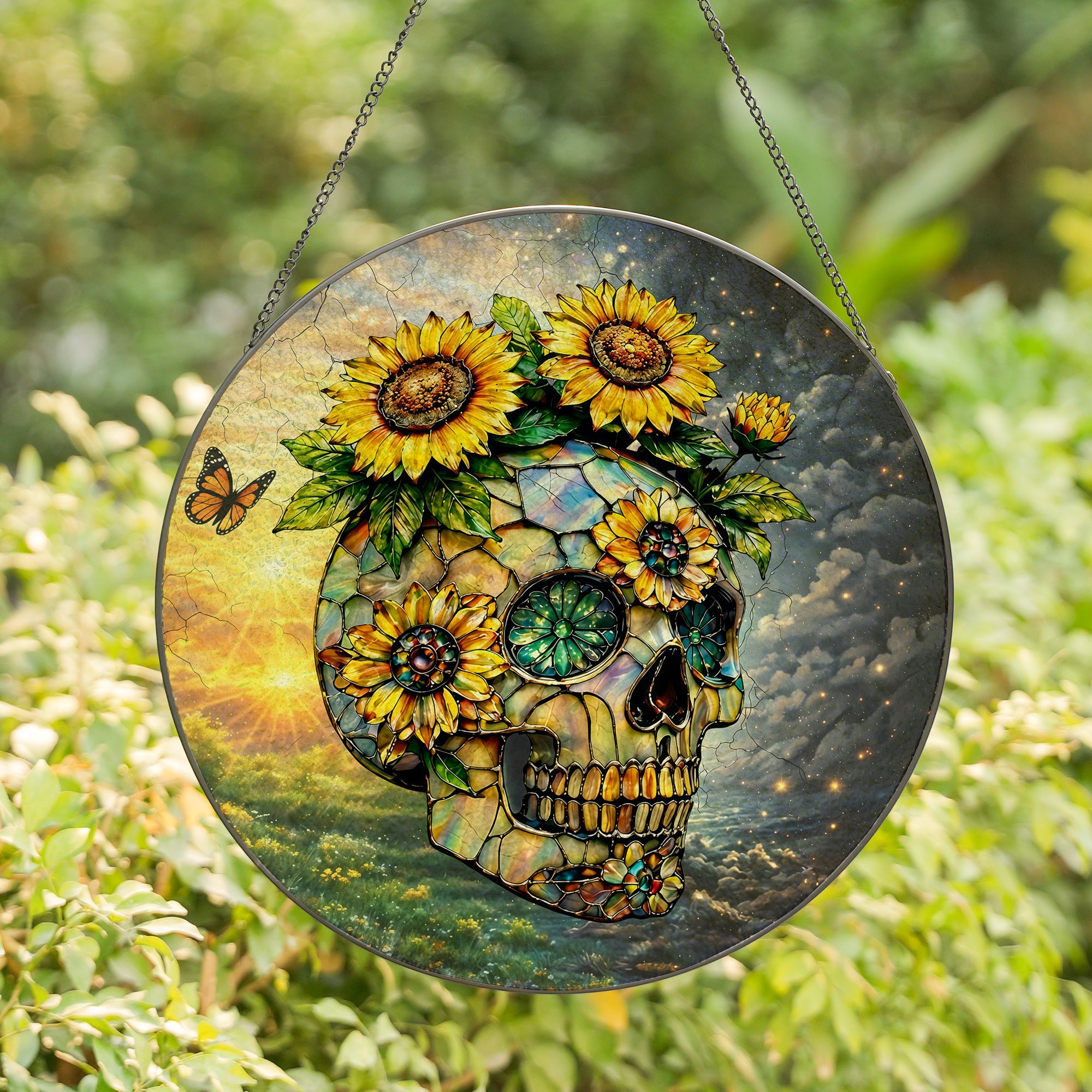 Sunflower Skull Stained Glass Suncatcher