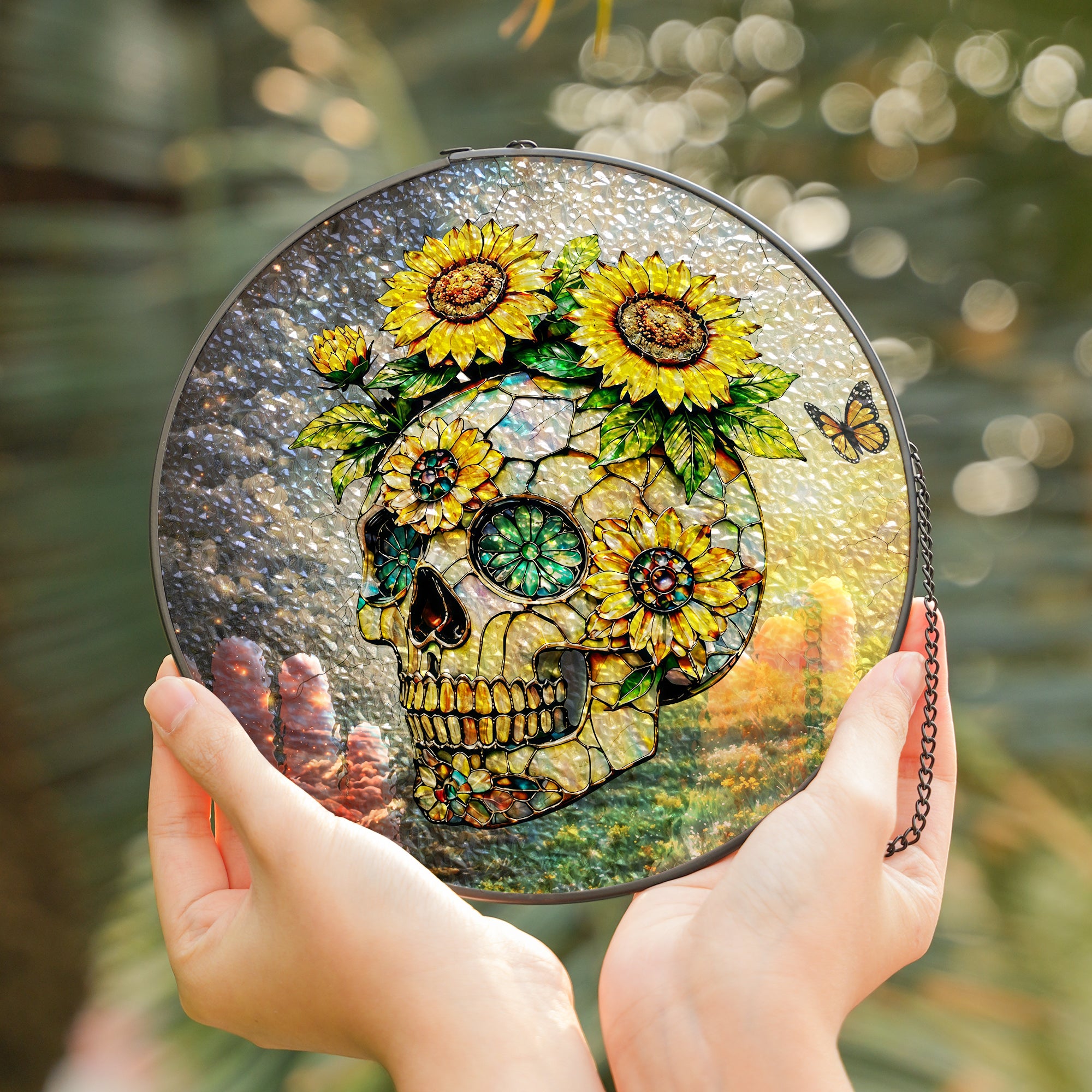 Sunflower Skull Stained Glass Suncatcher