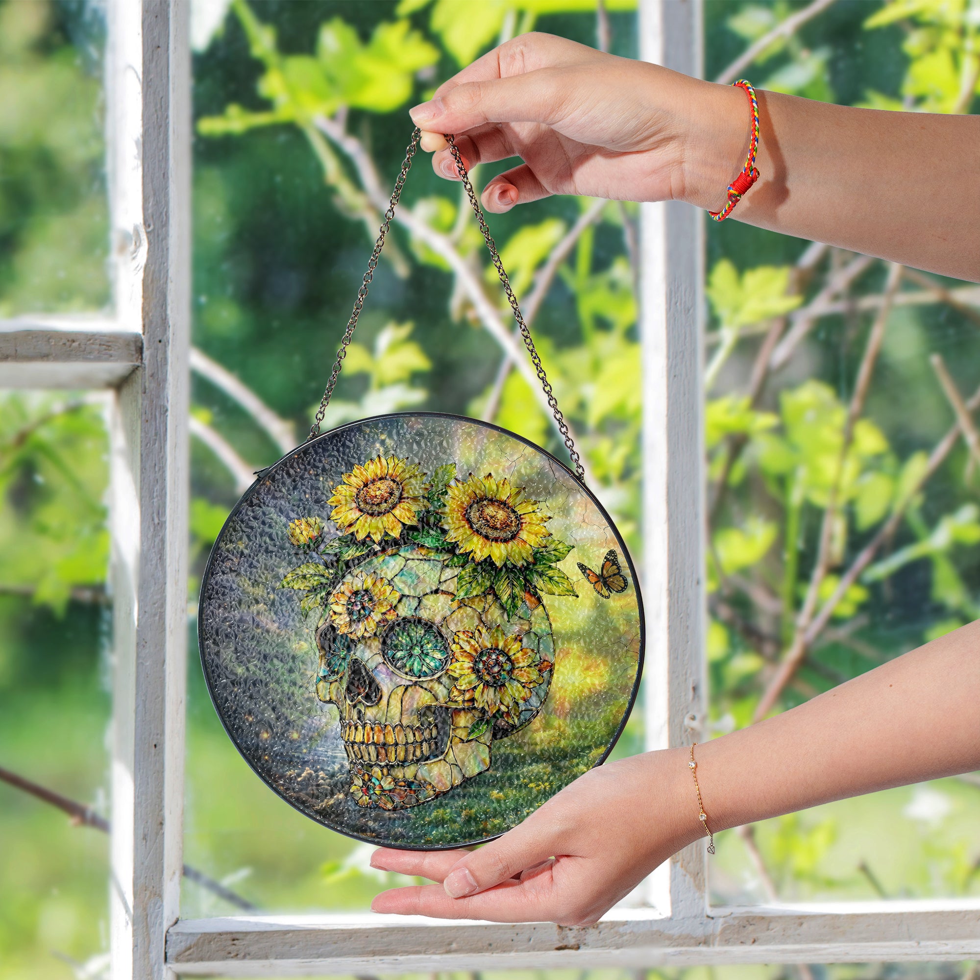 Sunflower Skull Stained Glass Suncatcher