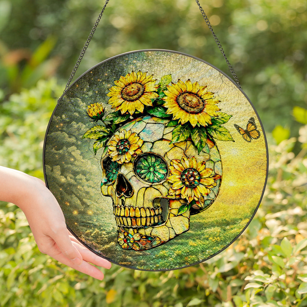 Sunflower Skull Stained Glass Suncatcher