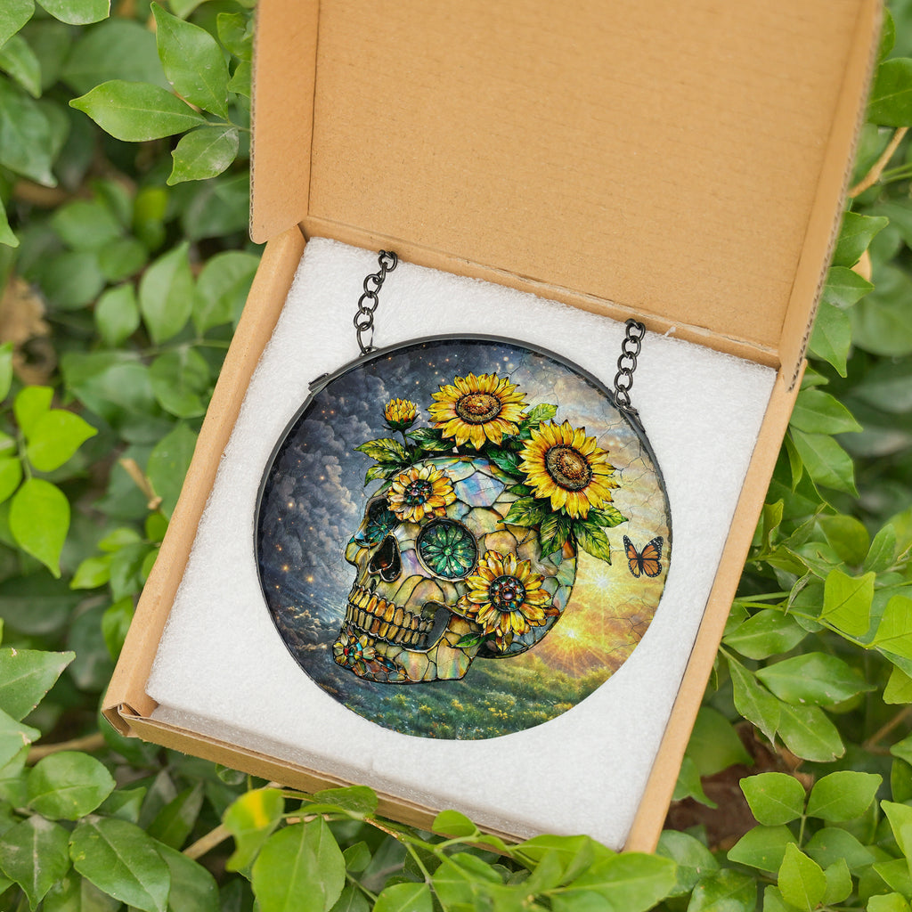 Sunflower Skull Stained Glass Suncatcher