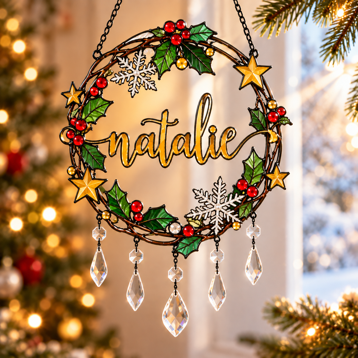 Personalized Name Holly Wreath Gold Stars Holographic Acrylic Suncatcher