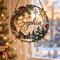 Personalized Name Snowy Cabin Pinecone Wreath Holographic Acrylic Suncatcher