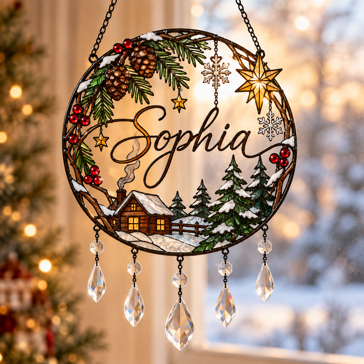 Personalized Name Snowy Cabin Pinecone Wreath Holographic Acrylic Suncatcher