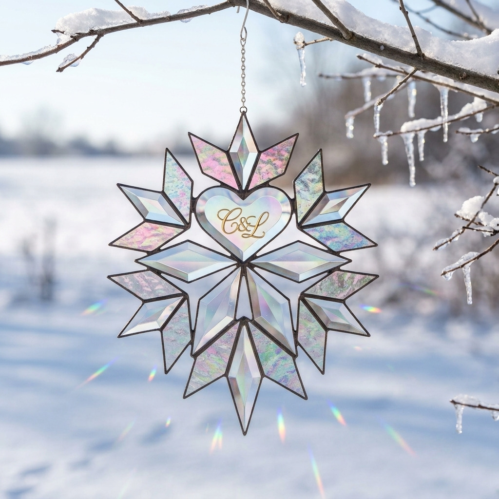 Personalized Initials Heart Snowflake Holographic Acrylic Suncatcher