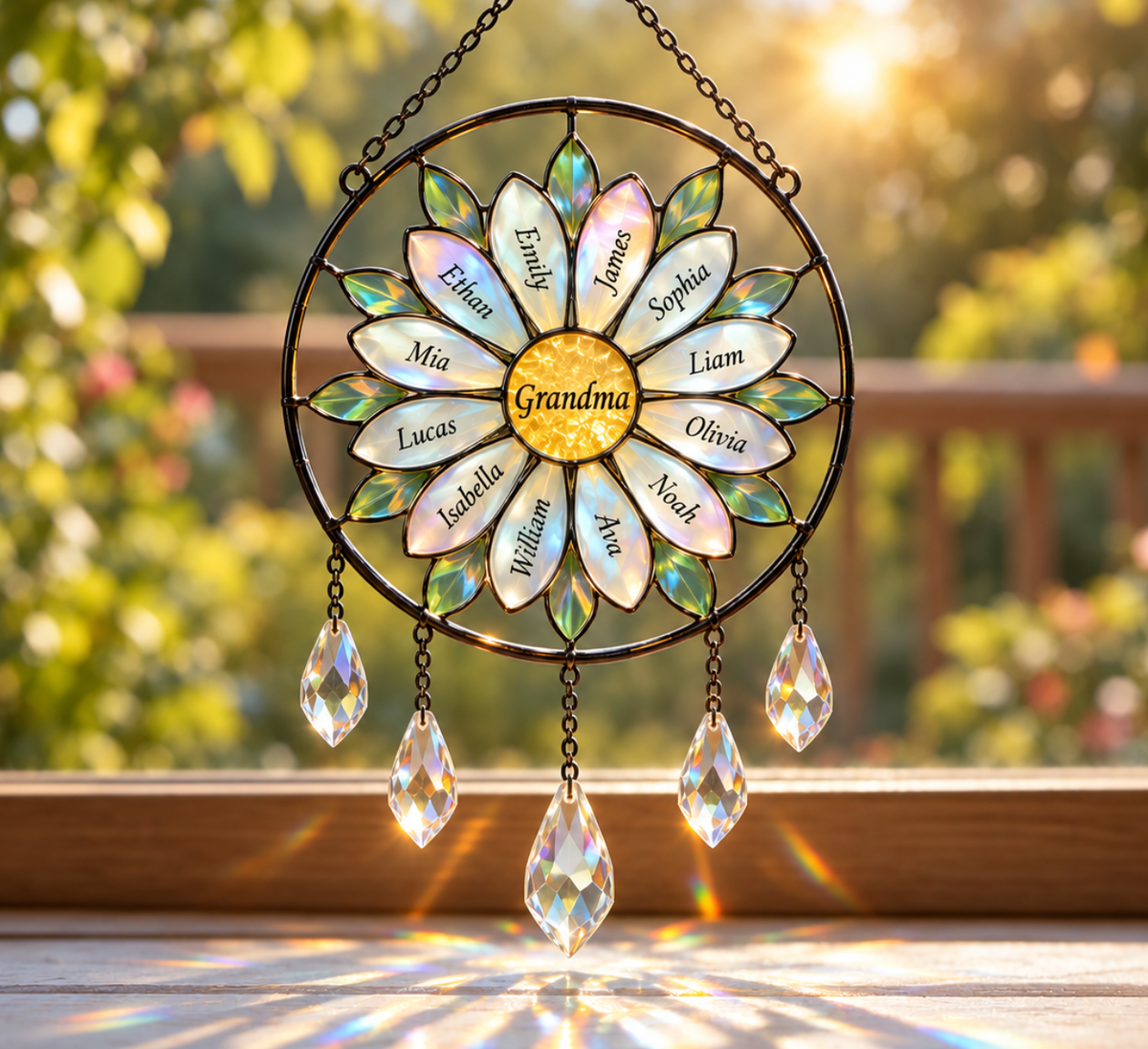 Personalized Grandma Daisy Grandkids Names Holographic Acrylic Suncatcher