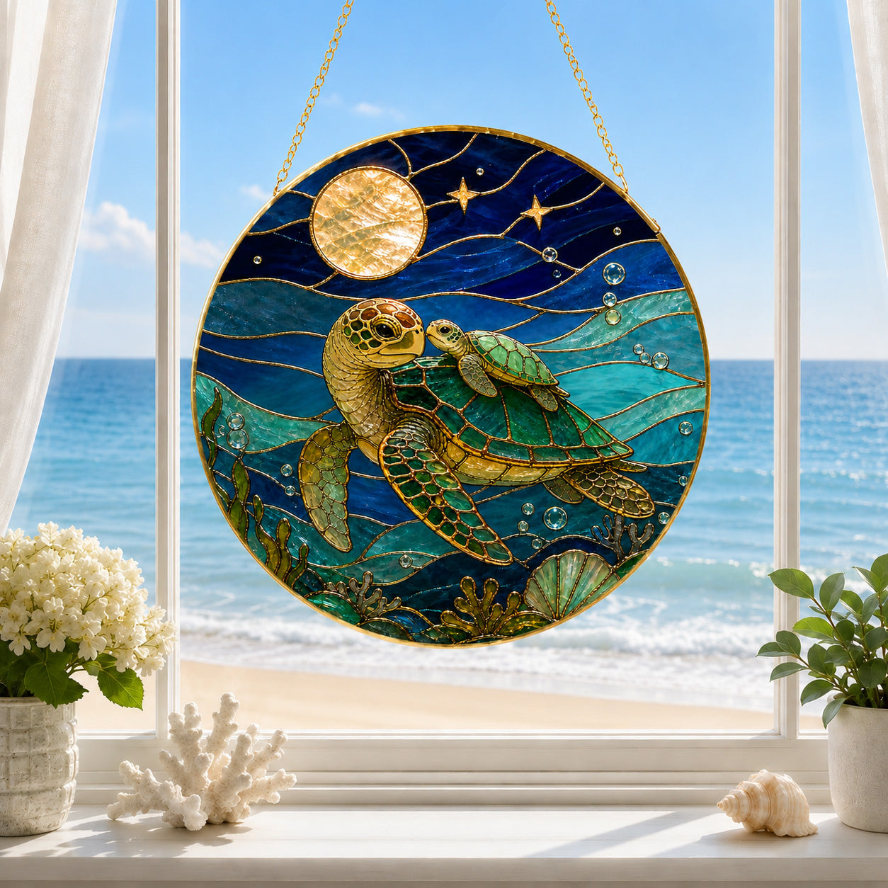 Stained glass panel with sea turtles hanging on a window with a beach view.