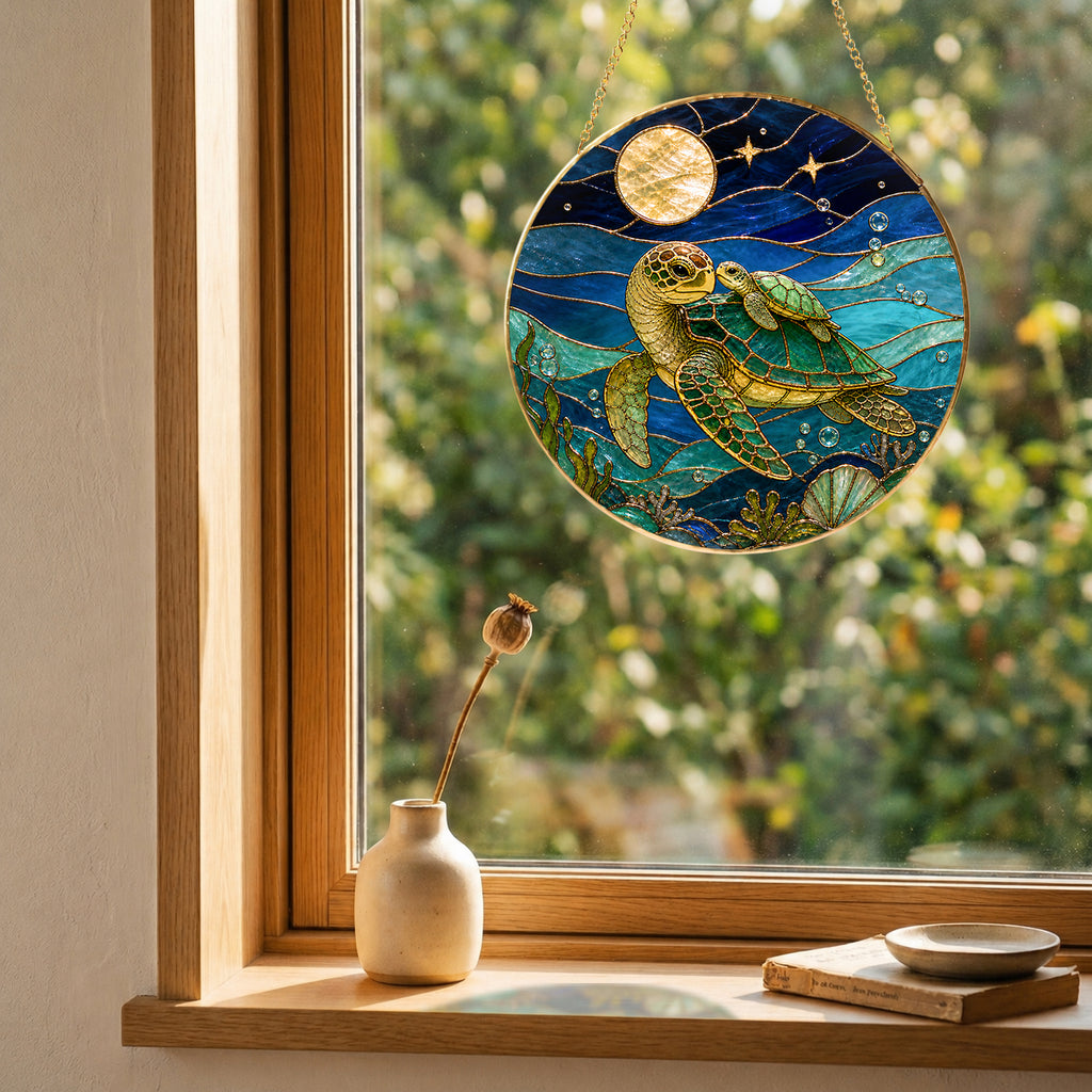 Decorative stained glass turtle hanging on a window sill with a view of greenery outside.