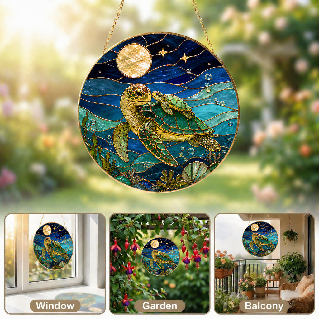 Sea turtle stained glass suncatcher shown as window decor, garden decor, and balcony hanging decoration