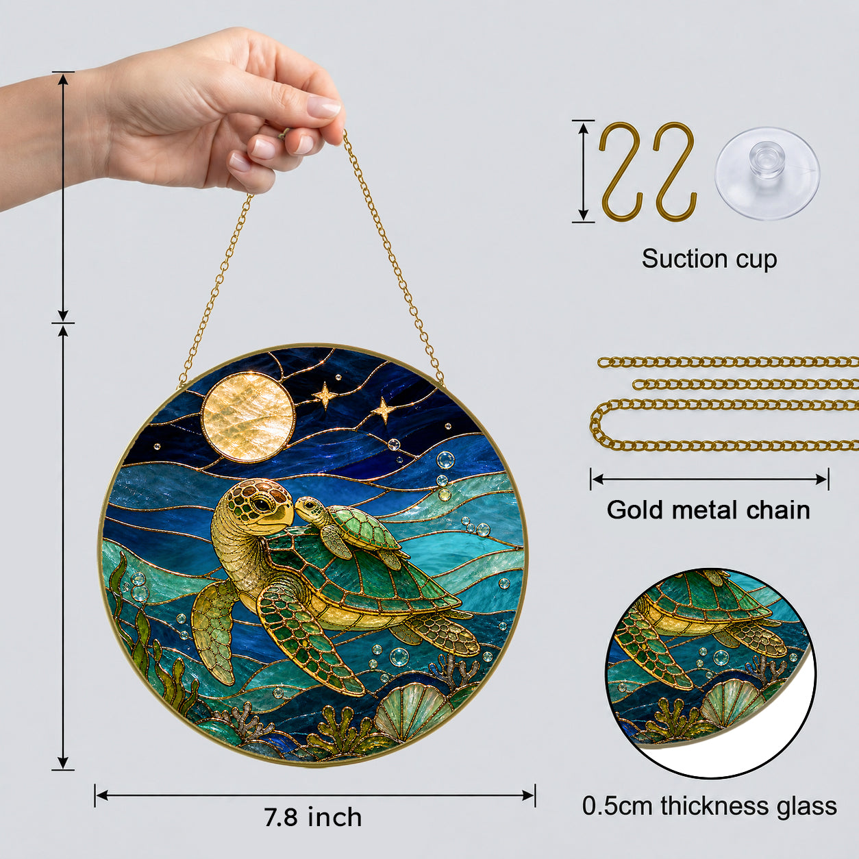 Sea turtle stained glass suncatcher with gold metal chain, suction cup, and 0.5 cm thick glass detail