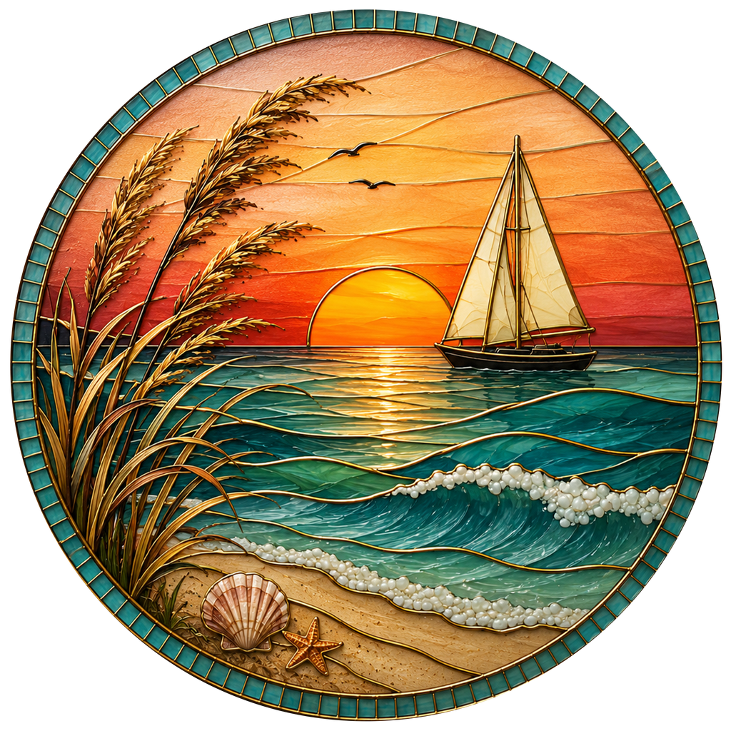 [ PIXIWOO] Stained Glass Suncatcher Sunset Sailboat Window Hanging Decor, Ocean Beach Acrylic Ornament, Coastal Beach House Wall Art, Nautical Sea Waves Sun Catcher Gift for Ocean Lovers