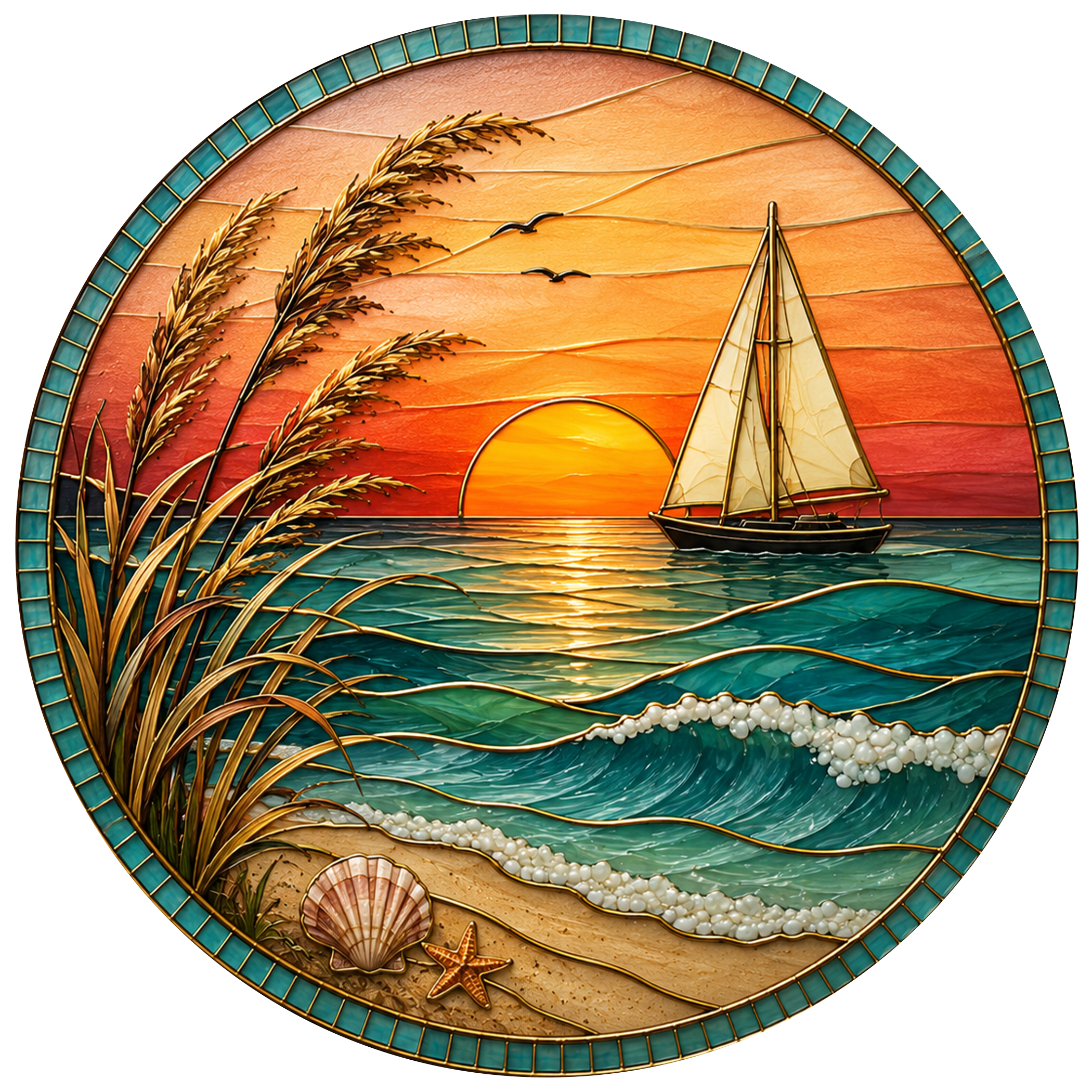 [ PIXIWOO] Stained Glass Suncatcher Sunset Sailboat Window Hanging Decor, Ocean Beach Acrylic Ornament, Coastal Beach House Wall Art, Nautical Sea Waves Sun Catcher Gift for Ocean Lovers