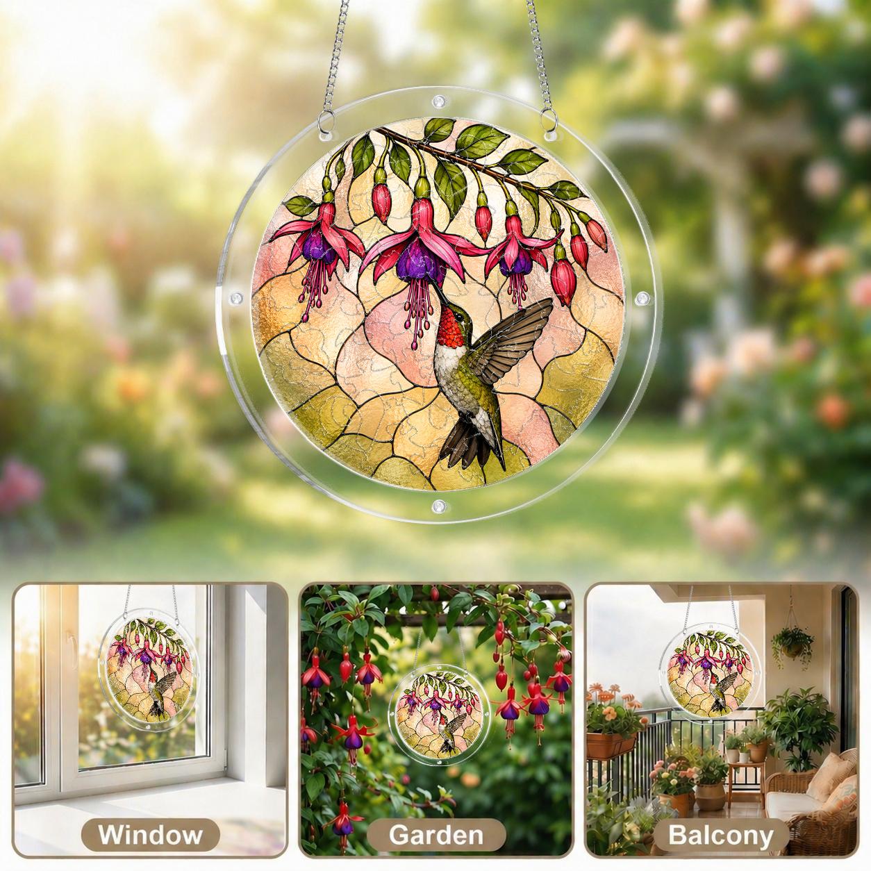 Collage of hummingbird fuchsia acrylic puzzle suncatcher displayed in sunny windows with colorful light effects