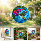 Collage of a hummingbird fuchsia acrylic puzzle suncatcher displayed in bright sunny window settings