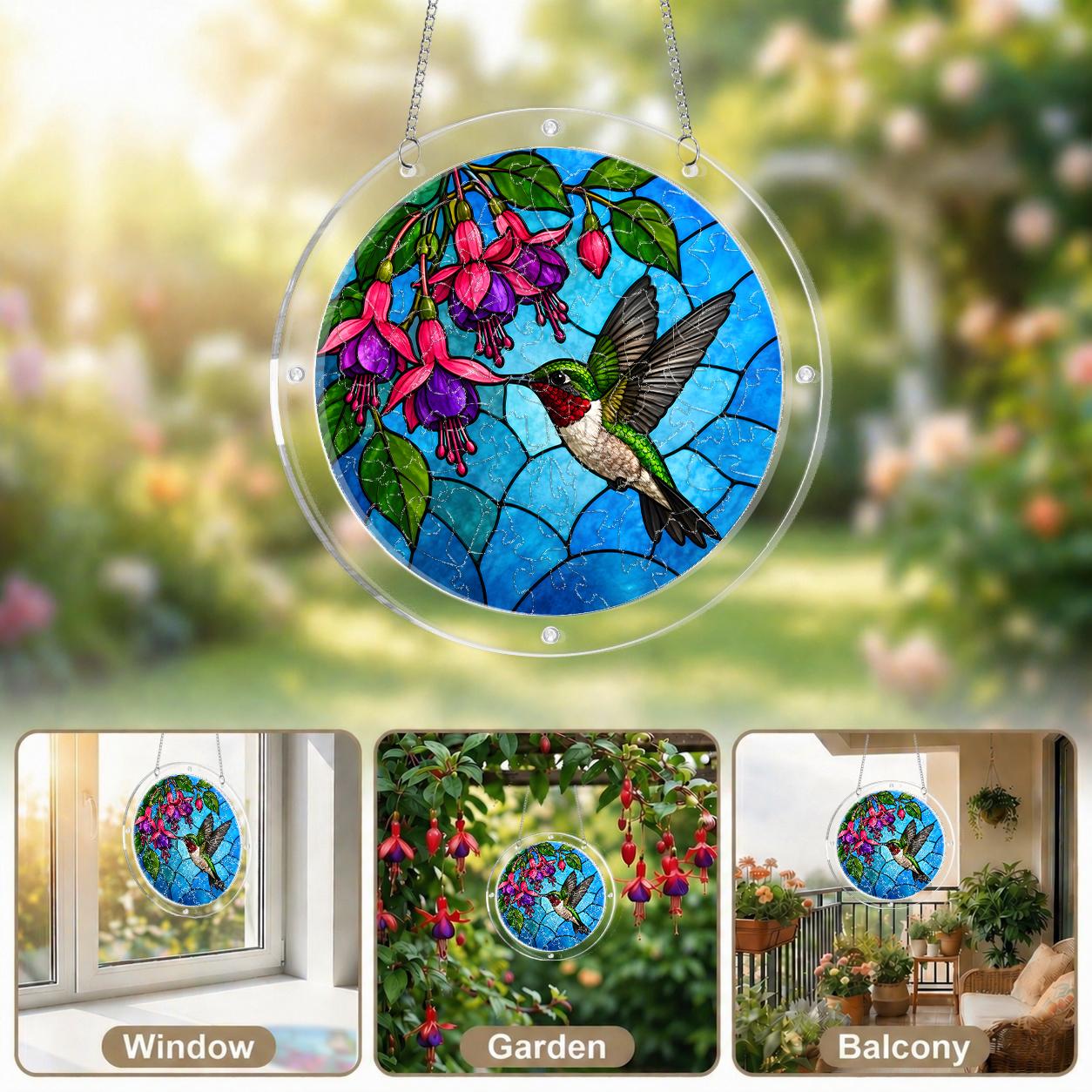 Collage of a hummingbird fuchsia acrylic puzzle suncatcher displayed in bright sunny window settings