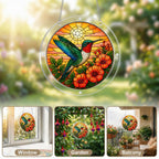 Collage of a hummingbird orange flower acrylic puzzle suncatcher displayed in bright window settings