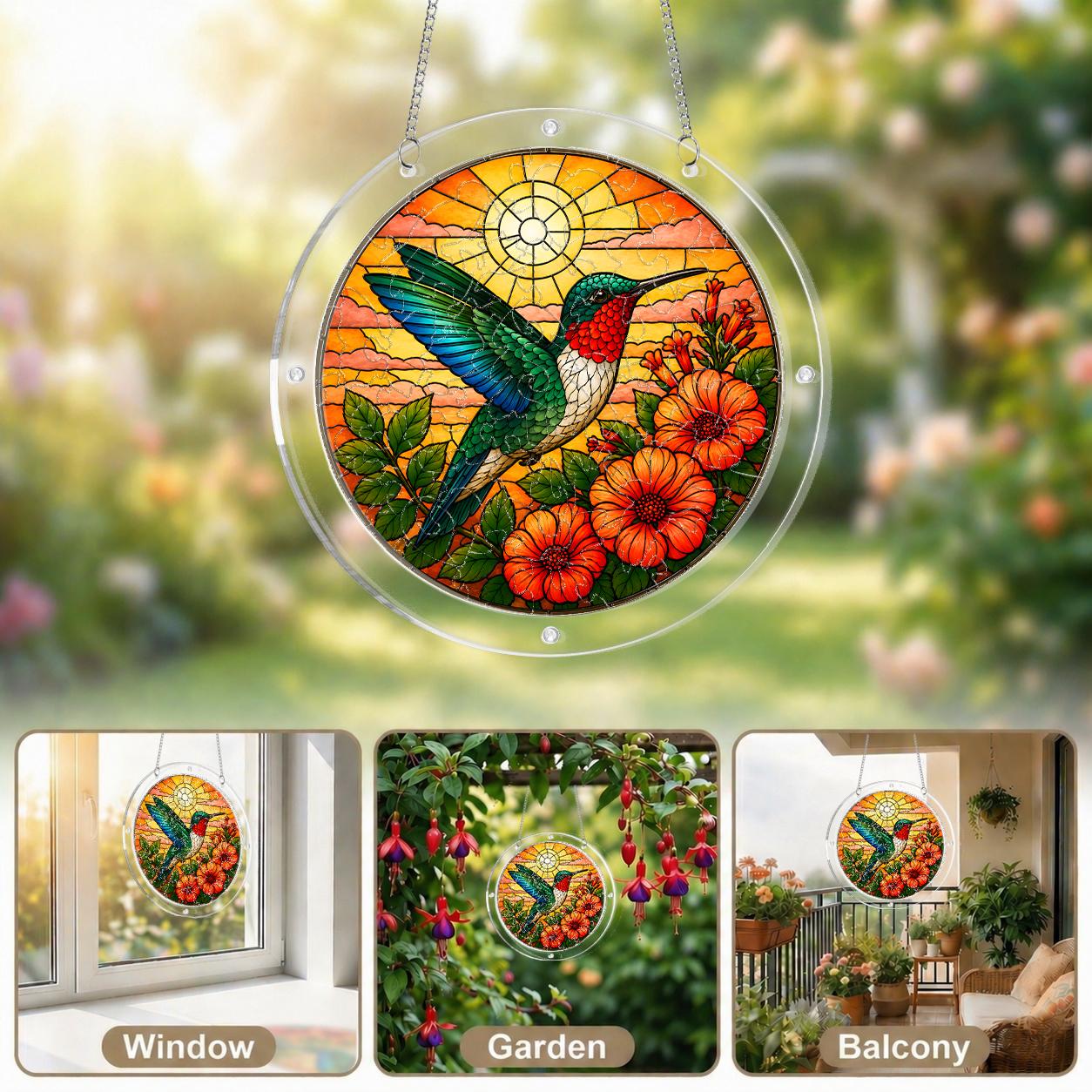 Collage of a hummingbird orange flower acrylic puzzle suncatcher displayed in bright window settings
