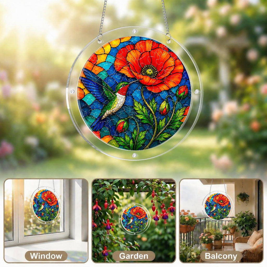 Collage of hummingbird poppy puzzle suncatcher displayed by windows with colorful light and floral artwork
