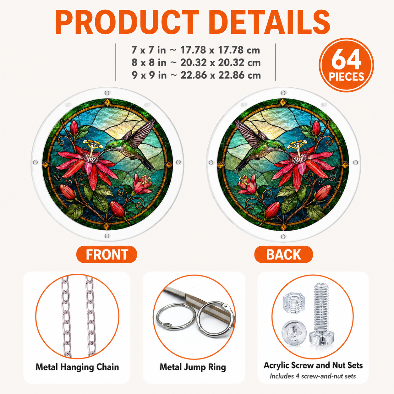 Front and back views of a round hummingbird floral puzzle suncatcher with clear acrylic parts and setup components