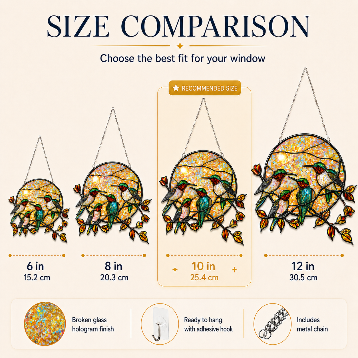 Size comparison chart for hummingbird sun acrylic suncatcher showing 6 inch, 8 inch, 10 inch, and 12 inch options