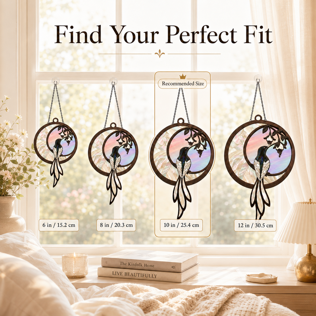 Product size guide for Hummingbird Crescent Moon suncatcher showing four hanging sizes, 10in / 25.4 cm (recommended)