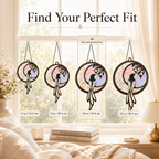 Product size guide for Hummingbird Crescent Moon suncatcher showing four hanging sizes, 10in / 25.4 cm (recommended)