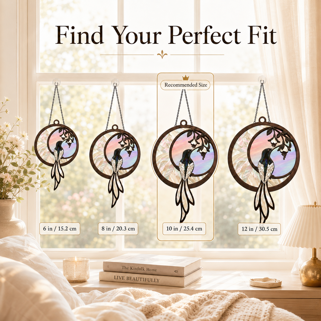 Product size guide for Hummingbird Crescent Moon suncatcher showing four hanging sizes, 10in / 25.4 cm (recommended)