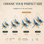 Dragonfly-shaped decorations with size options and specifications on a beige background