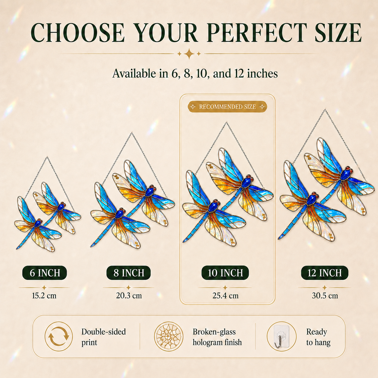 Dragonfly-shaped decorations with size options and specifications on a beige background