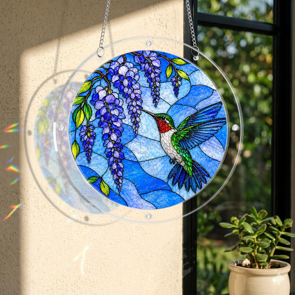 Round stained glass style hummingbird wisteria suncatcher hanging on a window with natural sunlight
