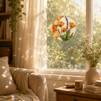 Decorative stained glass panel with butterflies and flowers hanging in a sunlit room.