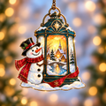 Snowman with Lantern and Snowy Village Holographic Acrylic Suncatcher