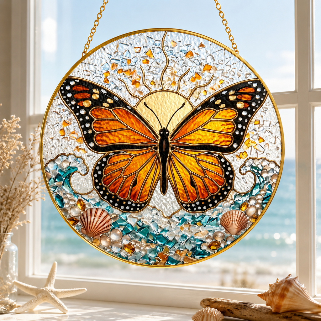 Stained glass butterfly artwork hanging on a window with a view of the ocean.