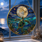 Stained glass panel with a turtle and moon design, set against a window view of water and sky.