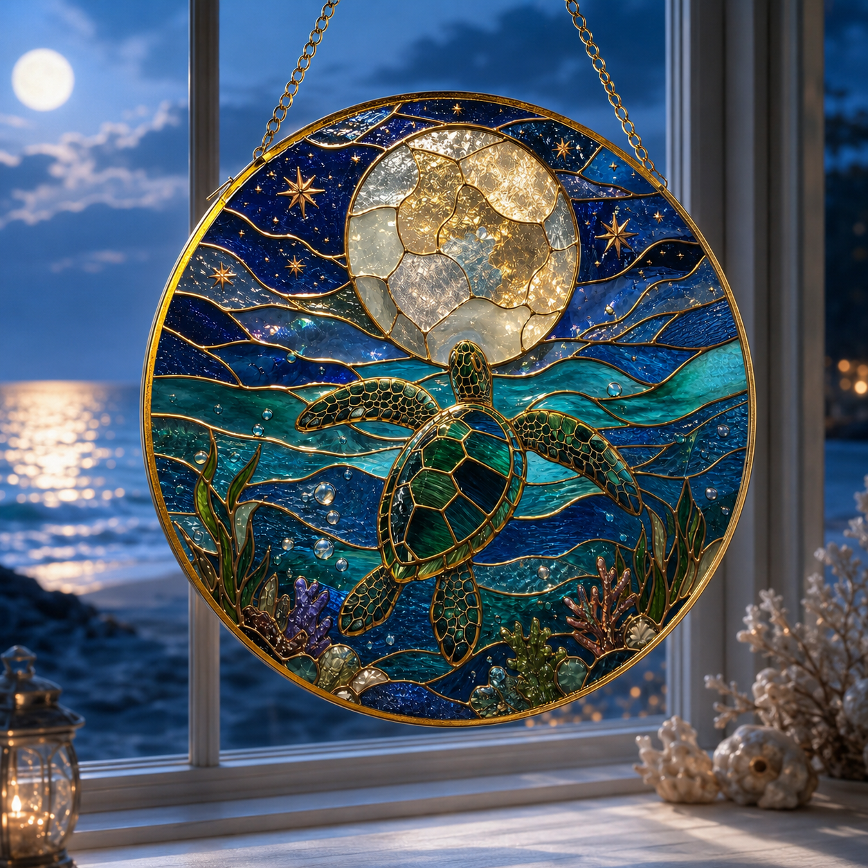 Stained glass panel with a turtle and moon design, set against a window view of water and sky.