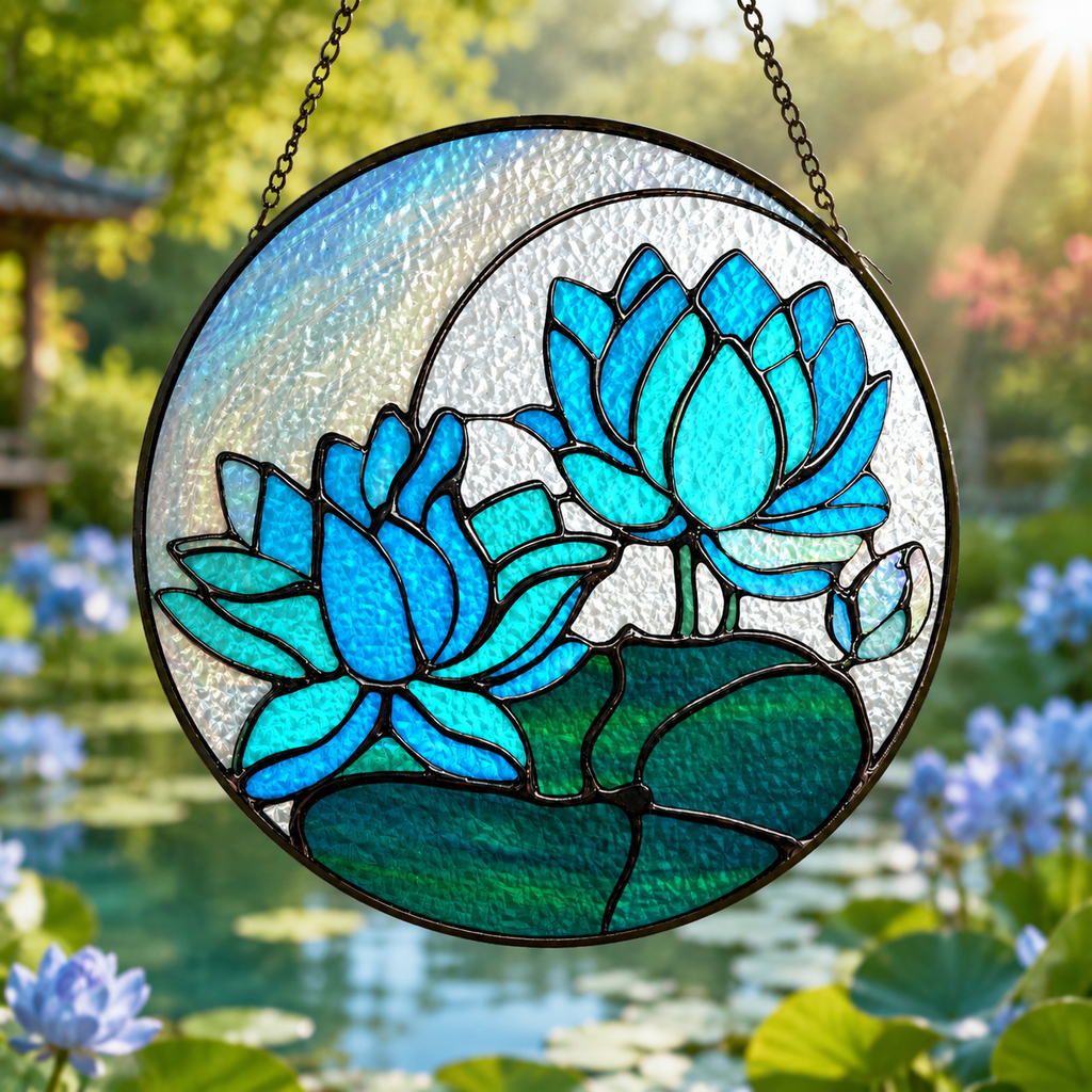 Stained glass panel with blue waterlilies in a garden setting