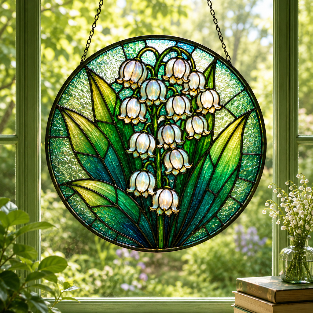 Stained glass panel with floral design hanging in front of a window with a view of greenery.