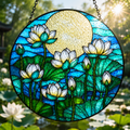Stained glass panel with lotus flowers and a sun, hanging outdoors.