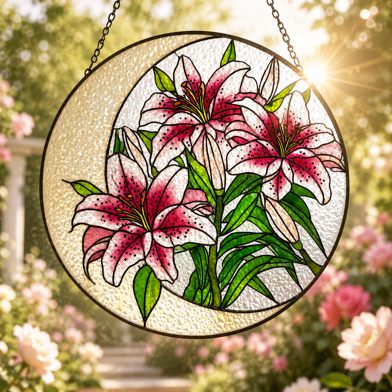 Stained glass panel with pink lilies in a garden setting