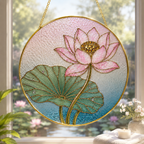 Stained glass panel with pink lotus flower design hanging by a window.