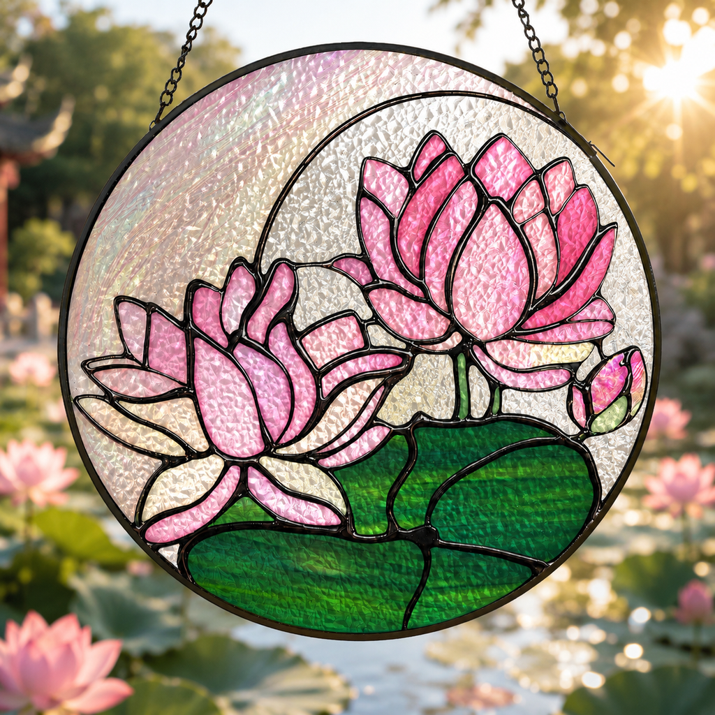Stained glass panel with pink lotus flowers in a garden setting