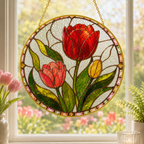 Stained glass panel with red, pink, and yellow tulips hanging on a window.