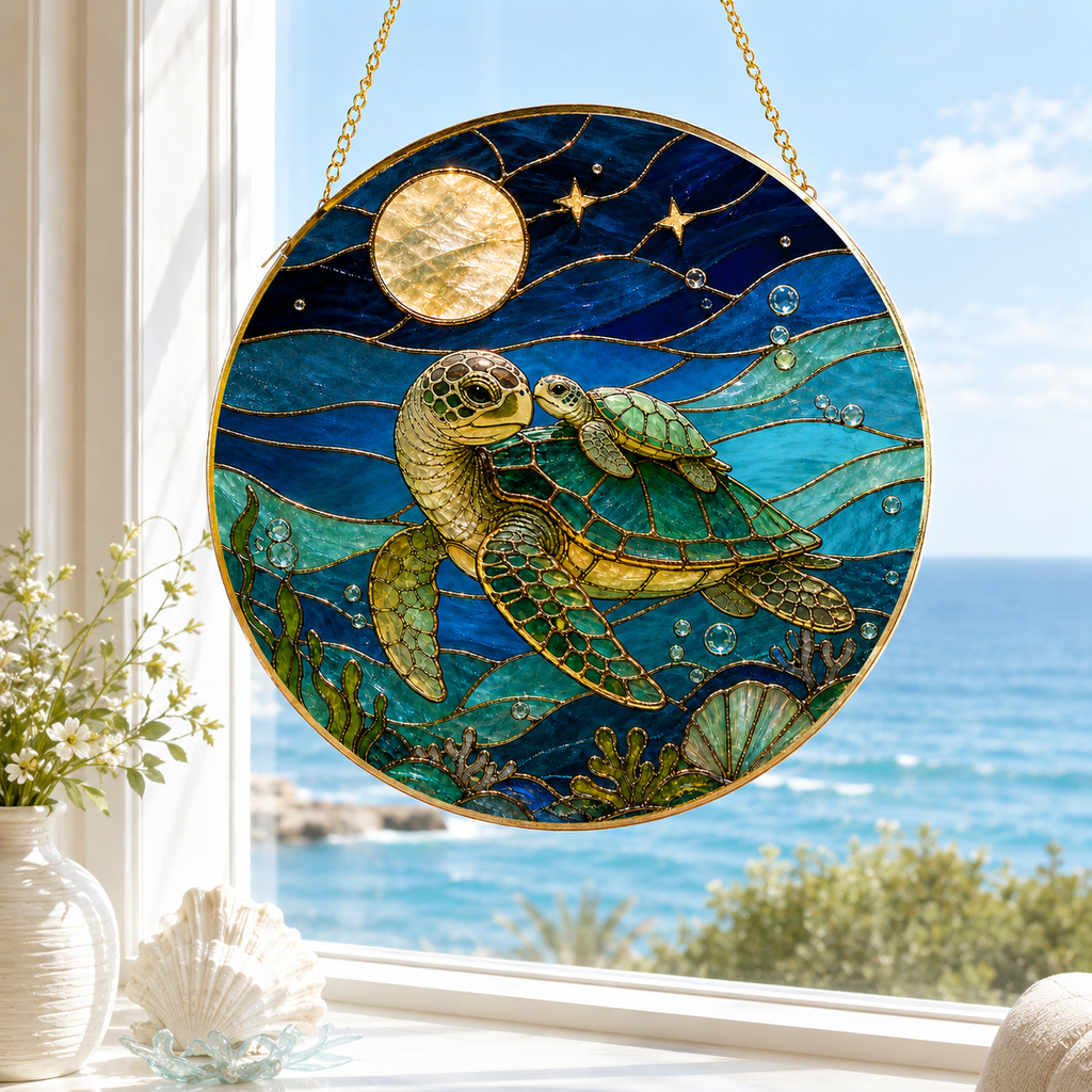 Stained glass panel with two turtles swimming underwater, hanging by a window with a view of the ocean.