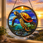 Stained glass turtle artwork with sunset and ocean view